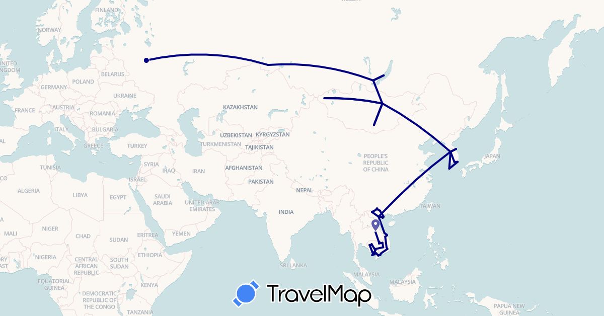 TravelMap itinerary: driving in Cambodia, South Korea, Laos, Mongolia, Russia, Vietnam (Asia, Europe)